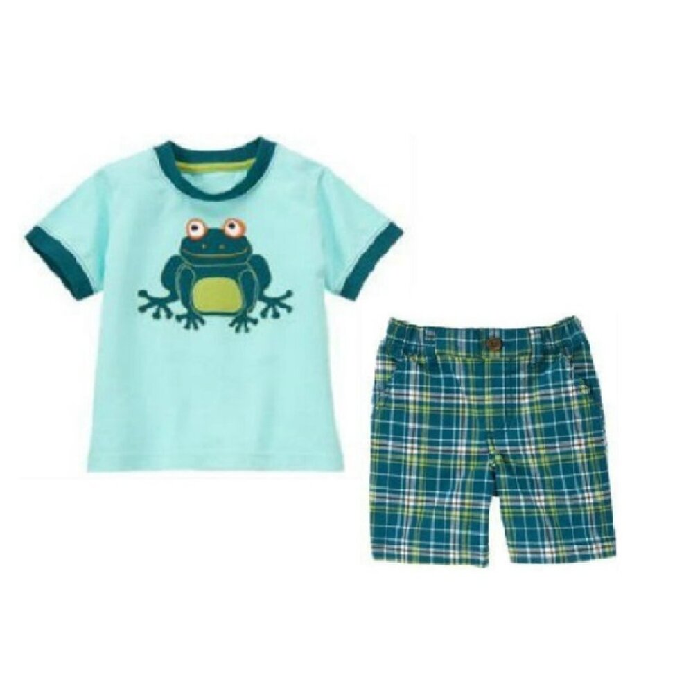 NWT Gymboree Jungle Explorer Applique Embroidered Frog Top & Plaid Shorts 3-6 mo